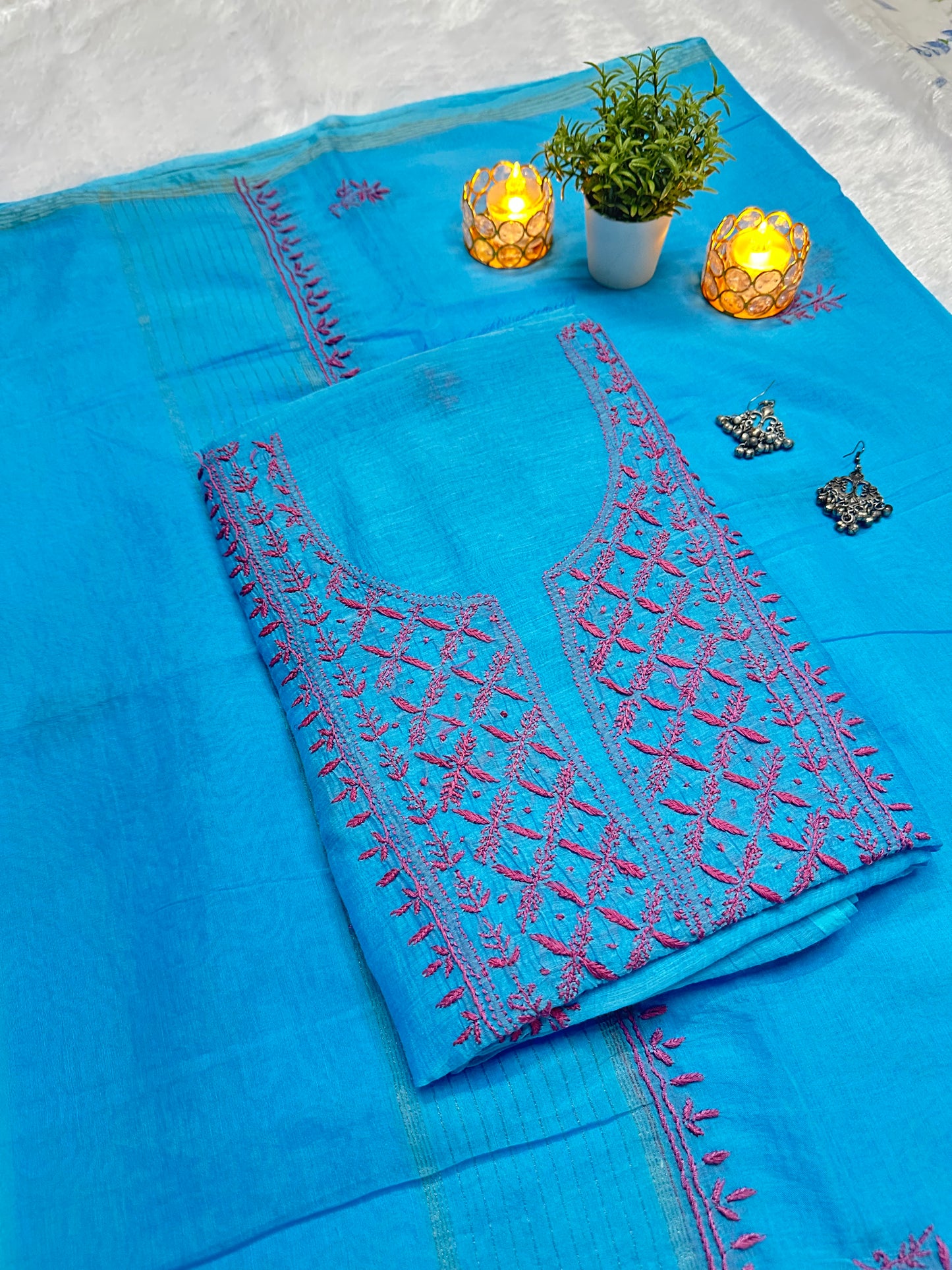 Pure Mul Chanderi Lucknowi Chikankari Unstitched Suit for Women with Dupatta – Hand Embroidered Ethnic Dress Material (2 Piece Set) - Blue