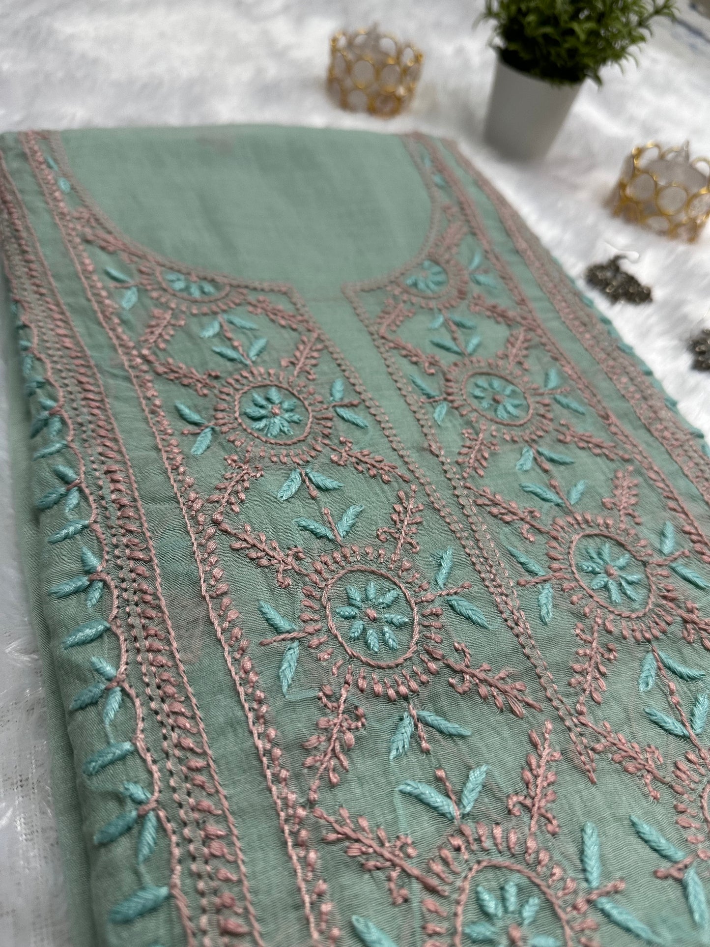 Pure Mul Chanderi Lucknowi Chikankari Unstitched Suit for Women with Dupatta – Hand Embroidered Ethnic Dress Material (2 Piece Set) - Sea Green