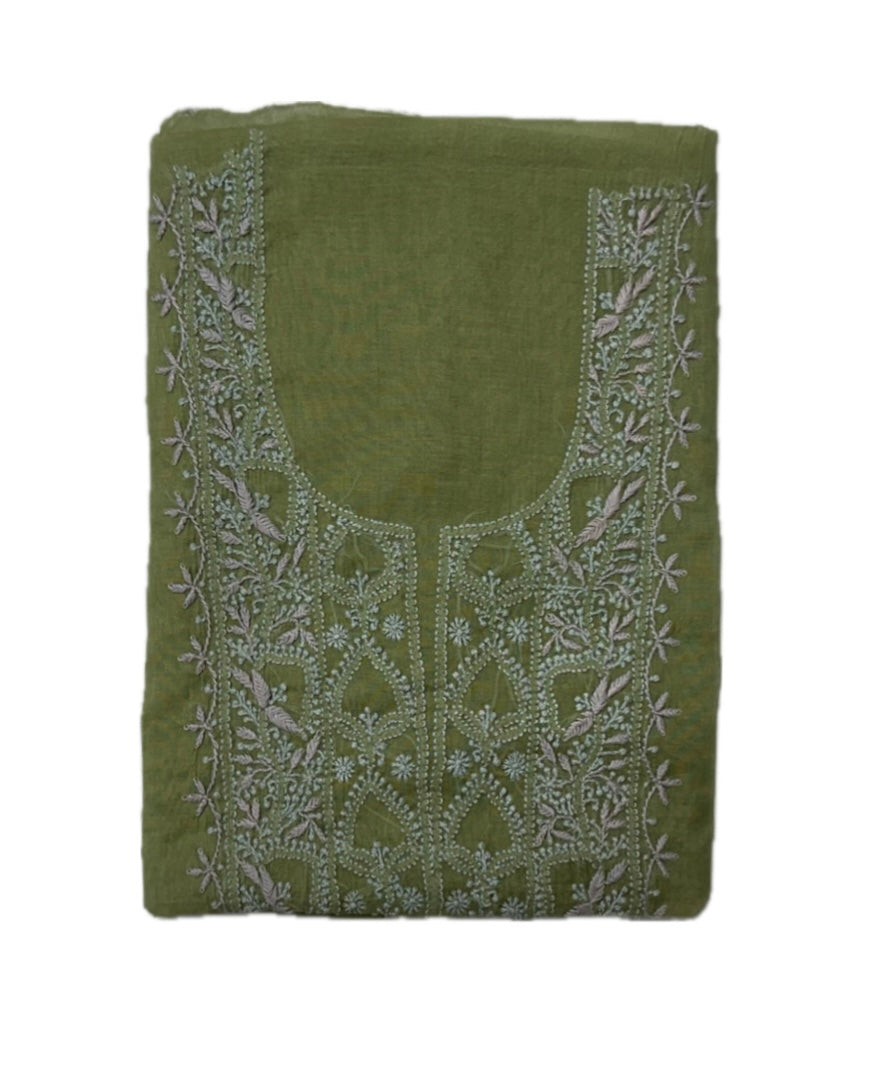 Pure Mul Chanderi Lucknowi Chikankari Unstitched Suit for Women with Dupatta – Hand Embroidered Ethnic Dress Material (2 Piece Set) - Green