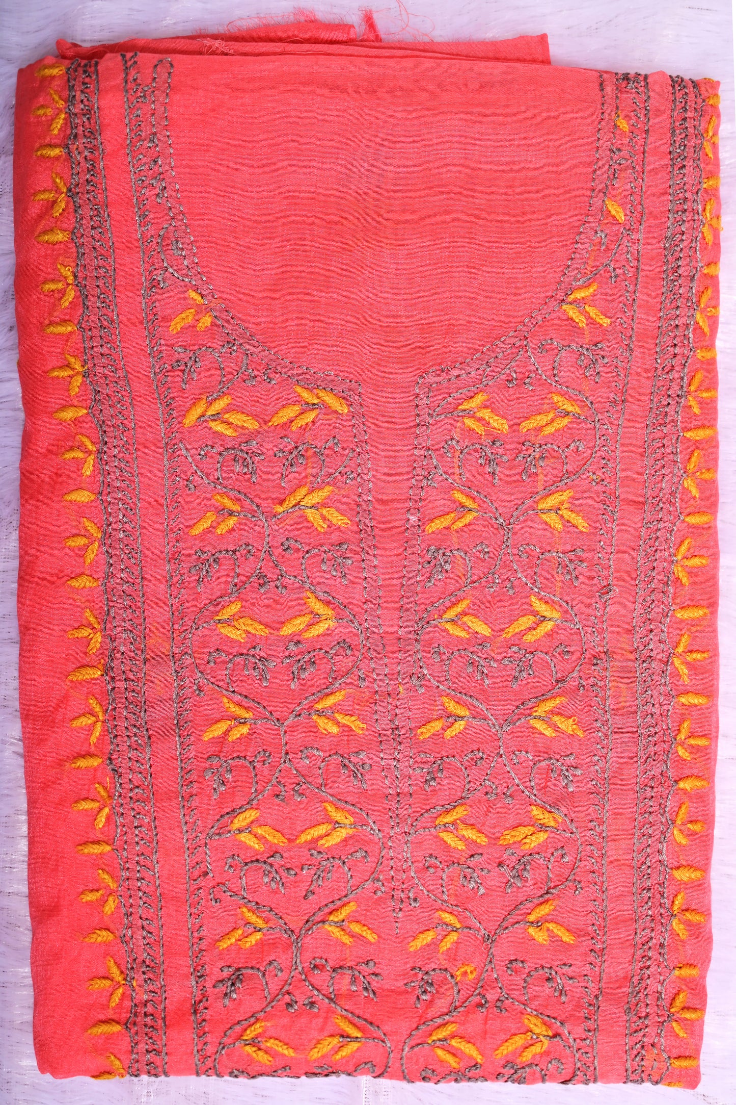 Pure Mul Chanderi Unstitched Suit for Women with Dupatta & Pajama | Hand Embroidered Lucknow Chikankari Dress Material | Handmade Ethnic Wear | Designer Handwork Kurta Set (Carrot Red)