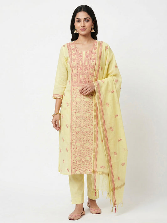 Pure Mul Chanderi Unstitched Suit for Women with Dupatta & Bottom | Lucknow Chikankari Hand Embroidery Kurta Set | Lemon Yellow Ethnic Wear | Designer 3 Piece Dress Material