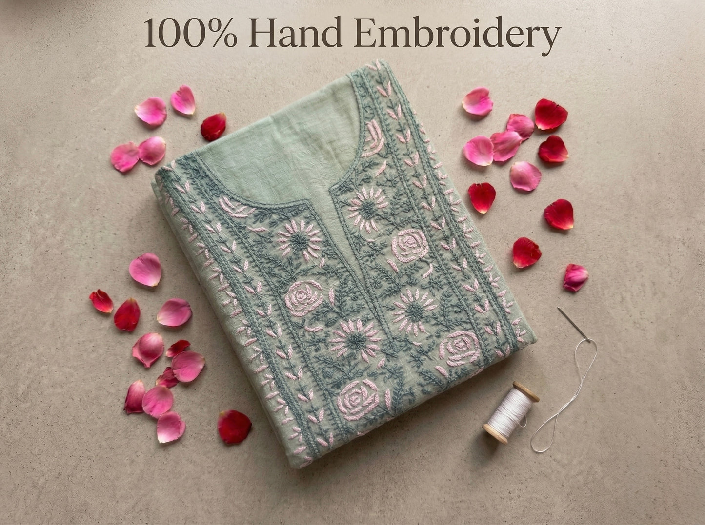 Pure Mul Chanderi Unstitched Suit for Women | Lucknow Chikankari Hand Embroidery | 3 Piece Dress Material with Dupatta & Bottom | Sage Green Ethnic Wear | Handmade Kurta Set