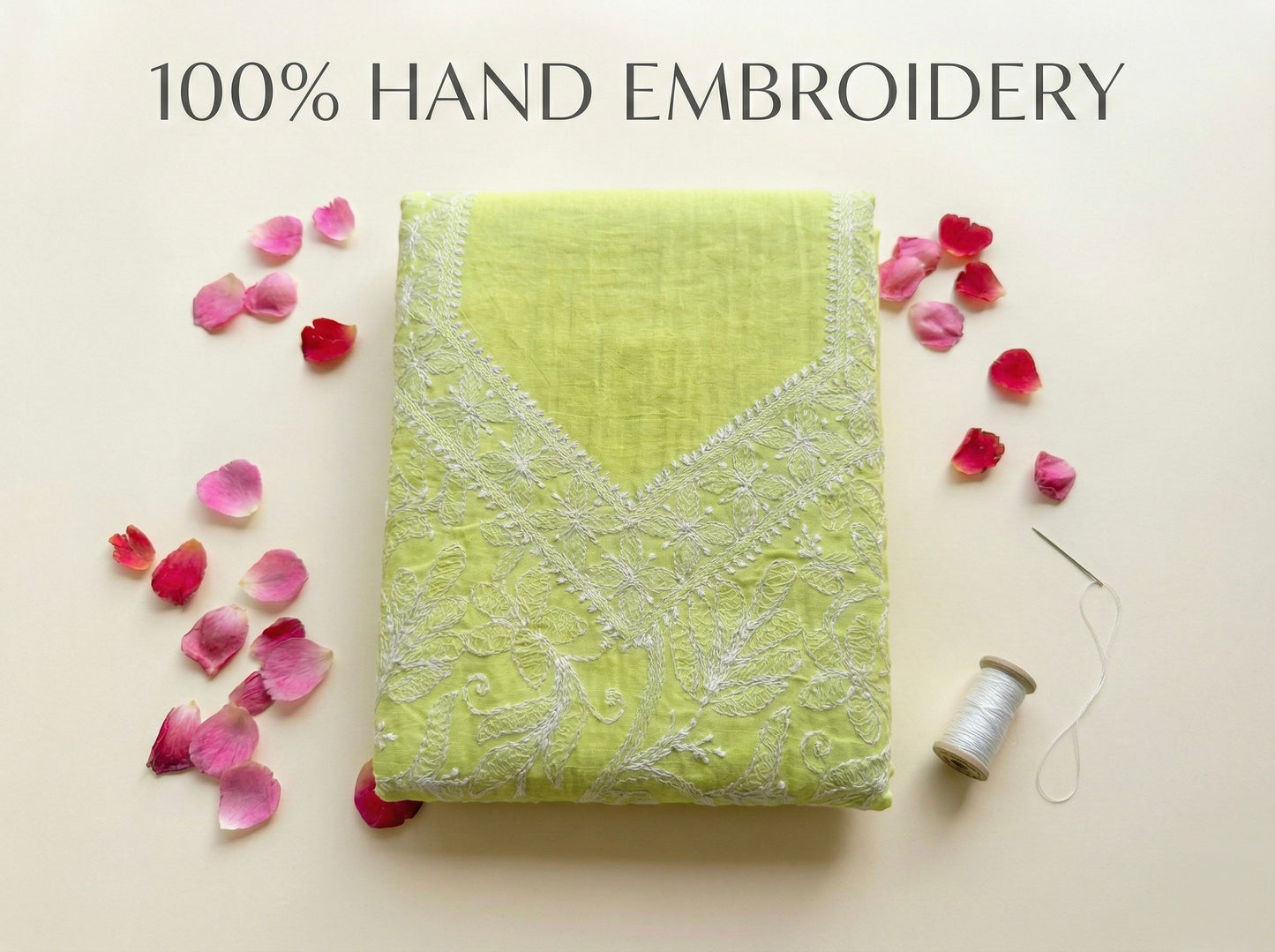 Parrot Green Cotton Lucknowi Chikankari Unstitched Suit Set for Women with Hand Embroidery – Kurta Fabric, Dupatta & Bottom 3 Piece Ethnic Dress Material