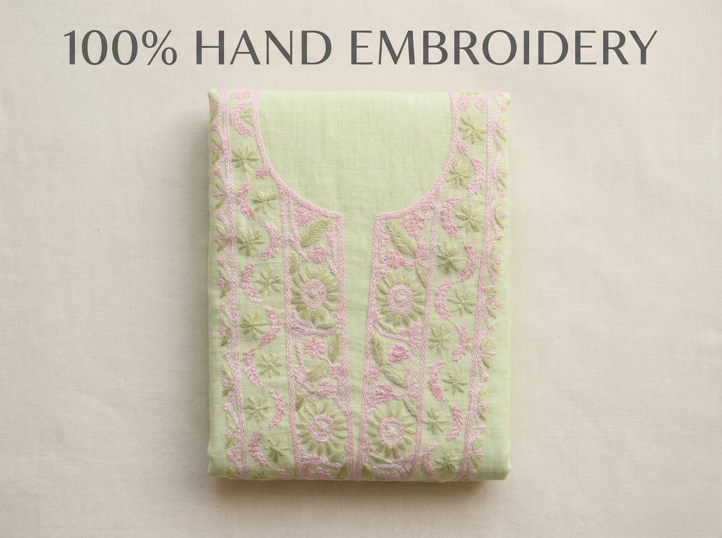 Pure Mul Chanderi Unstitched Suit for Women | Lucknow Chikankari Hand Embroidery Kurta Dress Material with Dupatta & Bottom | Pastel Green Ethnic Wear | Handmade Luckhnawi Chickankari Set