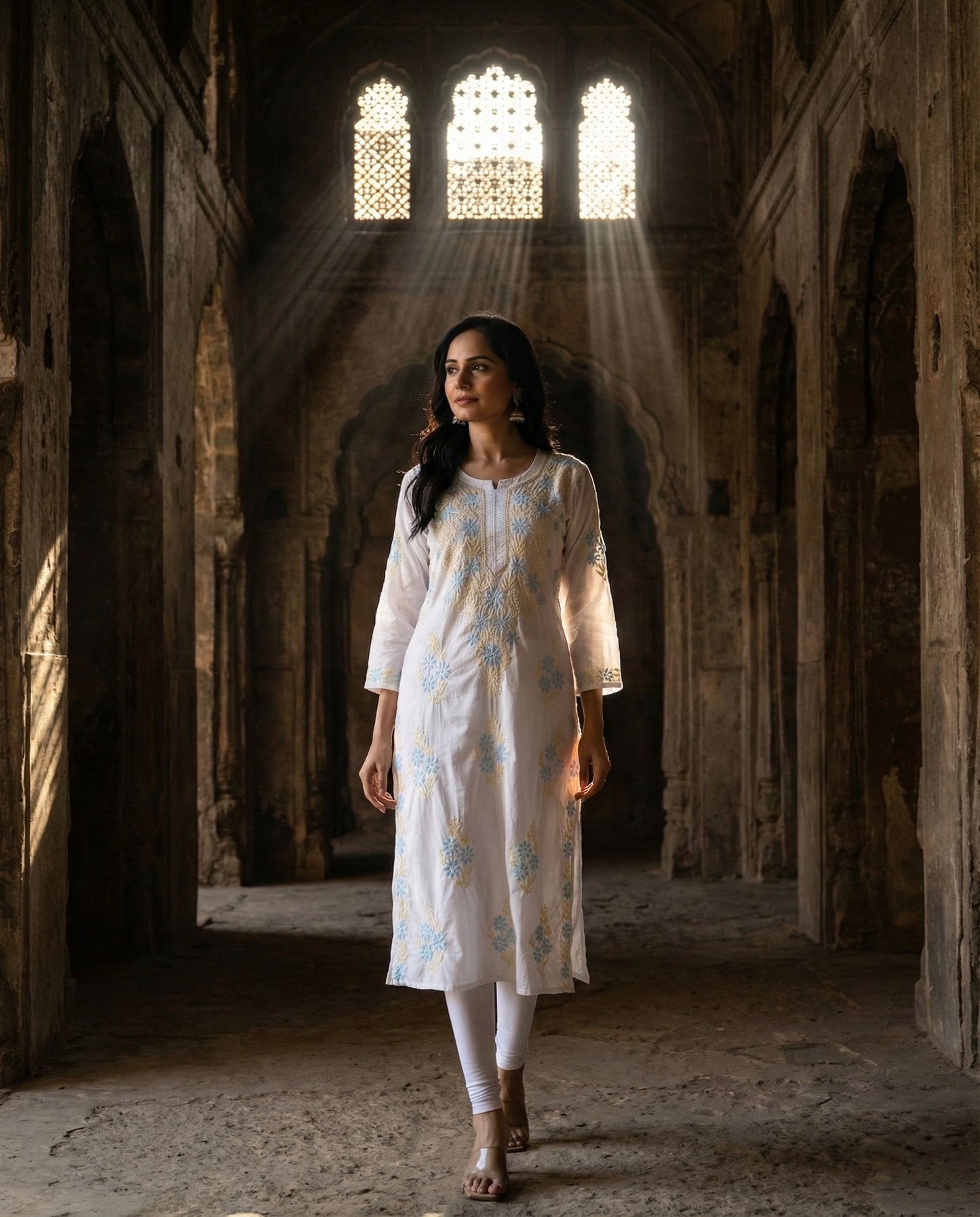 White Cotton Lucknowi Chikankari Long Kurta for Women with Blue & Golden Thread Hand Embroidery – Ethnic Wear Kurti