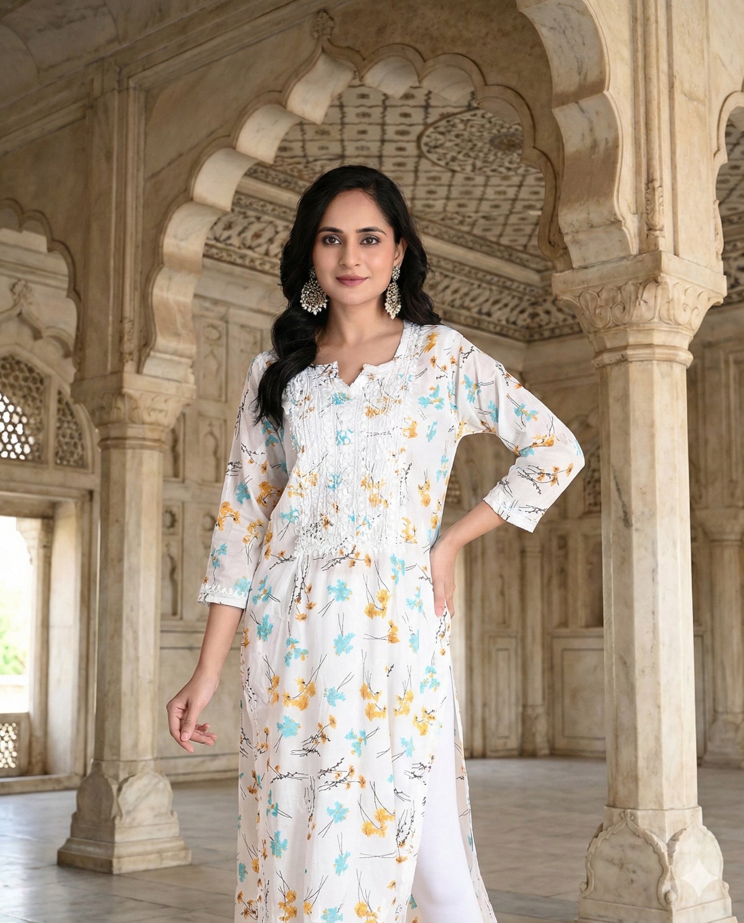 Mulmul Cotton Lucknowi Chikankari Blue Floral Printed Long Kurta for Women with Hand Embroidery – Ethnic Wear Kurti