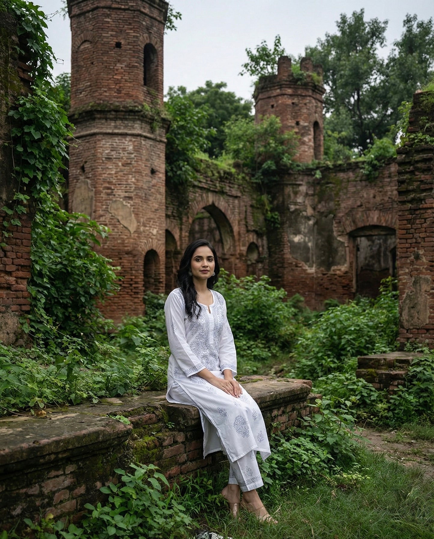 White Cotton Lucknowi Chikankari Kurta with Pajama Set for Women with Grey Thread Hand Embroidery – Ethnic Wear Suit Set