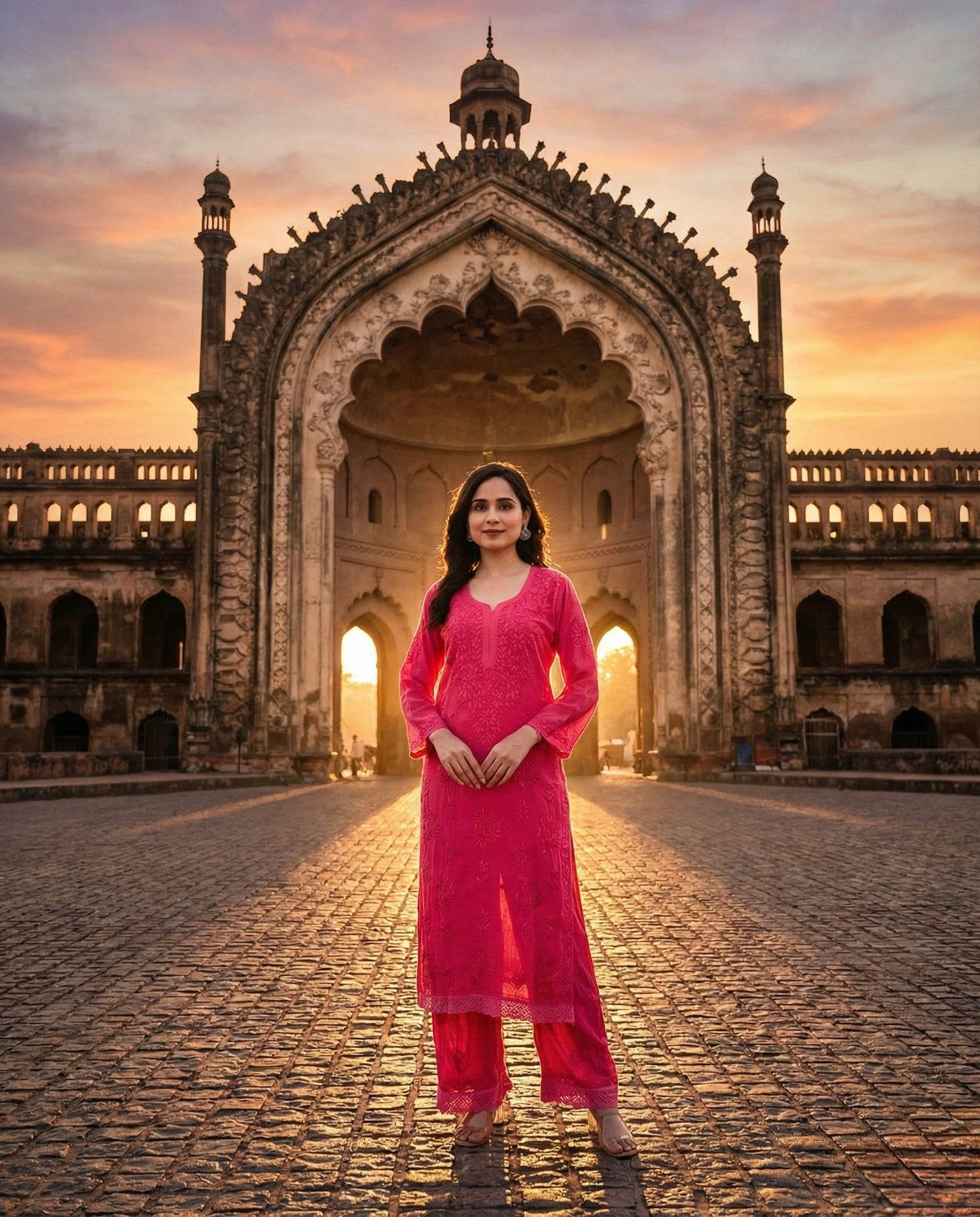 Magenta Muslin Lucknowi Chikankari Kurta with Palazzo Set for Women with Hand Embroidery – Long Ethnic Wear Suit Set