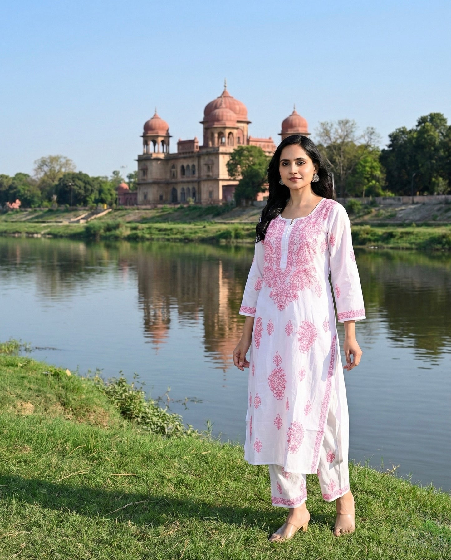 White Cotton Lucknowi Chikankari Kurta with Pajama Set for Women with Pink Thread Hand Embroidery – Ethnic Wear Suit Set