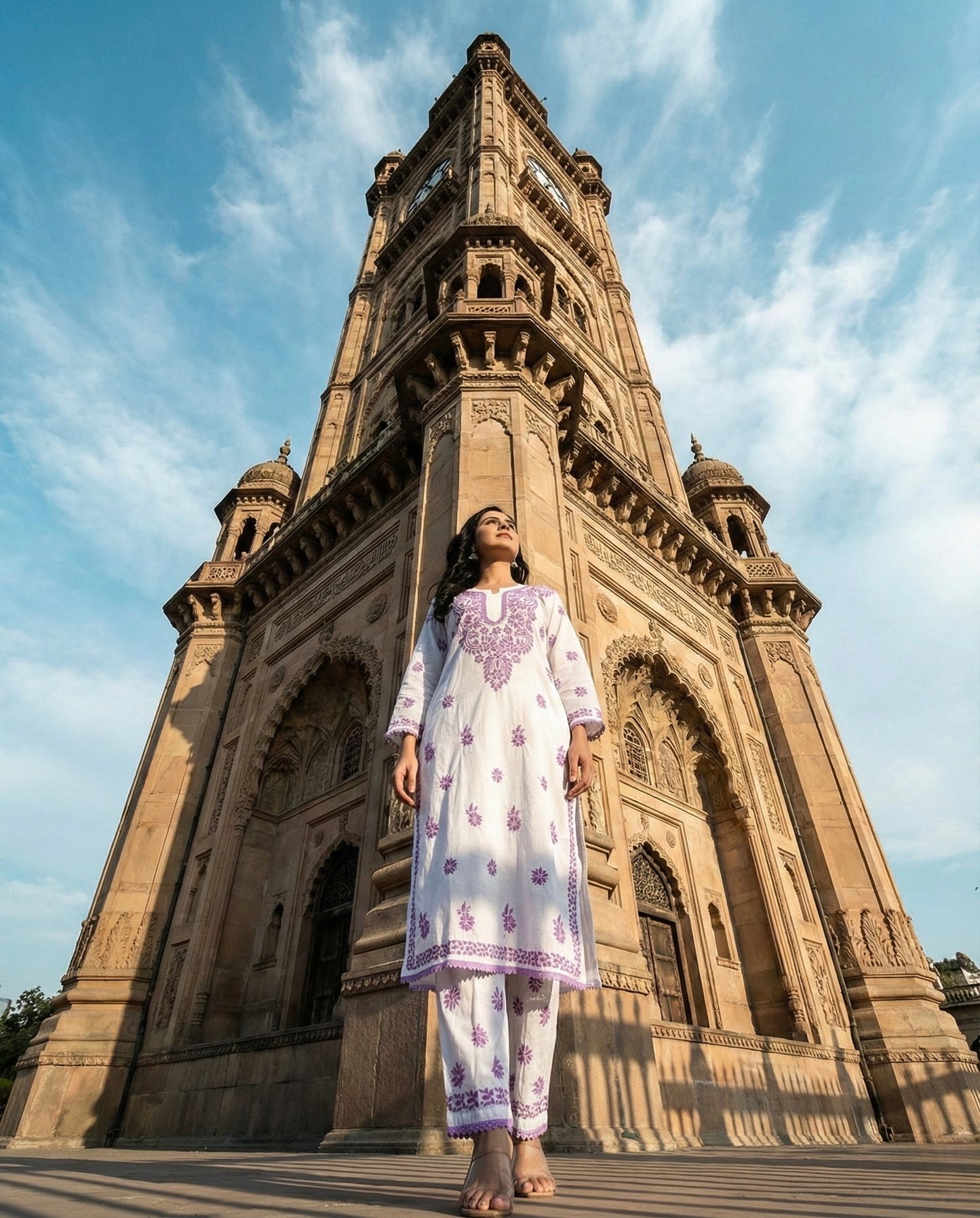 White Cotton Lucknowi Chikankari Kurta with Pajama Set for Women with Purple Hand Embroidery – Ethnic Wear Suit Set