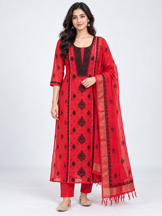NAZAIRA Women's Red Mul Chanderi Semi-Stitched Suit with Dupatta | 2 Piece Lucknow Chikankari Hand Embroidered Dress Material | Heavy Gala Pearl Cutdana Work | Wedding, Party, Festive