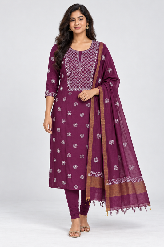 NAZAIRA Women's Wine Silk Chanderi Unstitched Suit Material with Dupatta | 2 Piece Lucknow Chikankari | Hand Embroidery with Mukaish Work and Glass Gala Neck Design | Festive, Wedding, Ethnic