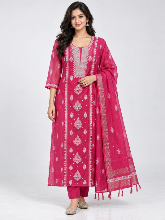 NAZAIRA Women's Magenta Mul Chanderi Semi-Stitched Suit with Dupatta | 2 Piece Lucknow Chikankari Hand Embroidered Dress Material | Heavy Gala Pearl Cutdana Work | Wedding, Party, Festive