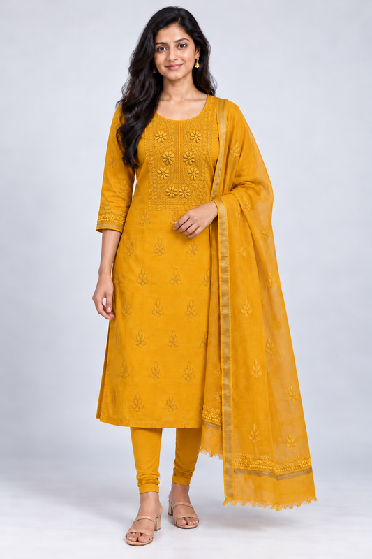 NAZAIRA Women's Mustard Silk Chanderi Unstitched 2-Piece Suit (Kurta Fabric & Dupatta) | Hand Embroidered Lucknow Chikankari | Glass Gala Neck Work, All-Over Buti | Wedding & Festive