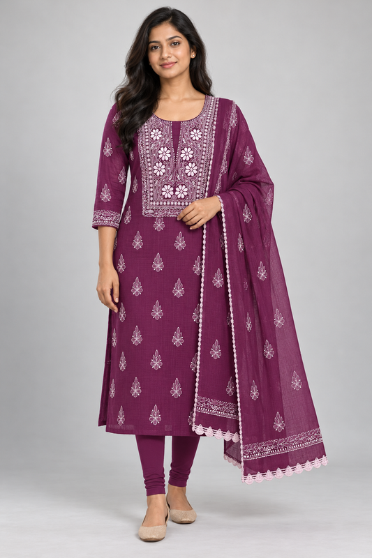 Women's Wine Kota Cotton Unstitched 2 Piece Suit Dress Material with Dupatta | Lucknowi Chikankari Hand Embroidery, Glass Gala Neck Design, All Over Work | Pooja Wedding Festive