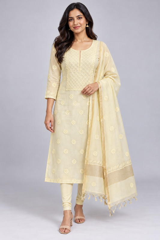 NAZAIRA Women's Lemon Yellow Silk Chanderi Unstitched 2-Piece Suit (Kurta Fabric & Dupatta) | Hand Embroidered Lucknow Chikankari | Glass Gala Neck Work, All-Over Buti | Wedding & Festive