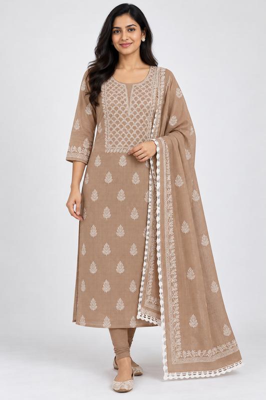 Women's Light Brown Kota Cotton Unstitched Lucknowi Chikankari Suit Material with Dupatta (2 Piece) | Glass Gala Neckline Hand Embroidery, Front and Back Buti Work | Festive Pooja and Wedding