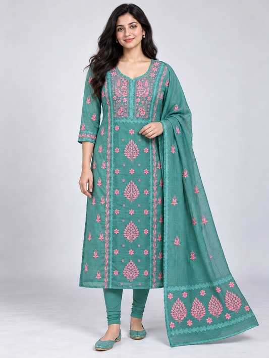 NAZAIRA Women's Sea Green Kota Cotton Unstitched 2 Piece Suit Dress Material with Dupatta | Lucknow Chikankari Hand Embroidery, Applique & 3D Work | Heavy Dupatta, Wedding & Festive