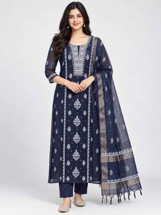 NAZAIRA Women's Navy Blue Mul Chanderi Semi-Stitched Suit with Dupatta | 2 Piece Lucknow Chikankari Hand Embroidered Dress Material | Heavy Gala Pearl Cutdana Work | Wedding, Party, Festive