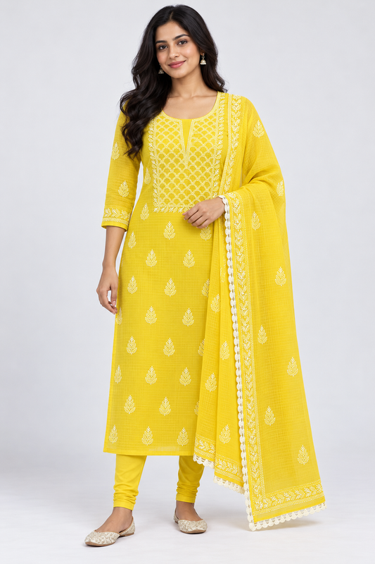 Women's Yellow Kota Cotton Unstitched Lucknowi Chikankari Suit Material with Dupatta (2 Piece) | Glass Gala Neckline Hand Embroidery, Front and Back Buti Work | Festive Pooja and Wedding