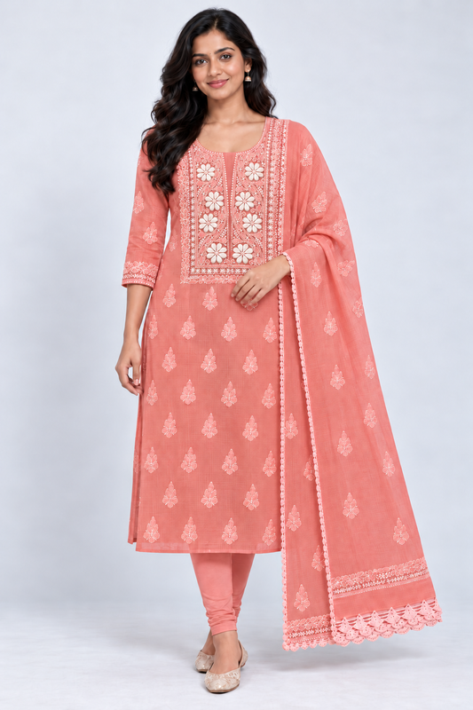 Women's Peach Kota Cotton Unstitched 2 Piece Suit Dress Material with Dupatta | Lucknowi Chikankari Hand Embroidery, Glass Gala Neck Design, All Over Work | Pooja Wedding Festive