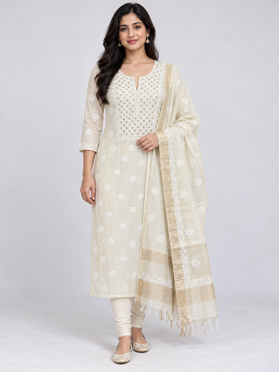 NAZAIRA Women's Cream Silk Chanderi Unstitched Suit Material with Dupatta | 2 Piece Lucknow Chikankari | Hand Embroidery with Mukaish Work and Glass Gala Neck Design | Festive, Wedding, Ethnic