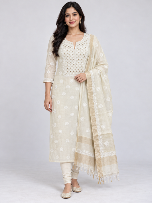 NAZAIRA Women's Cream Silk Chanderi Unstitched Suit Material with Dupatta | 2 Piece Lucknow Chikankari | Hand Embroidery with Mukaish Work and Glass Gala Neck Design | Festive, Wedding, Ethnic
