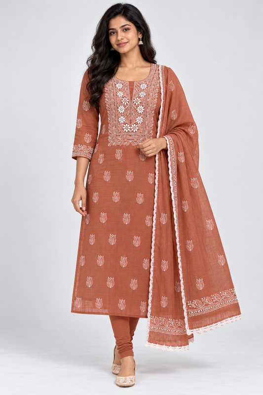 Women's Terracotta Brown Kota Cotton Unstitched 2 Piece Suit Dress Material with Dupatta | Lucknowi Chikankari Hand Embroidery | Glass Gala Neck, Heavy Dupatta Work | Pooja Wedding Festive