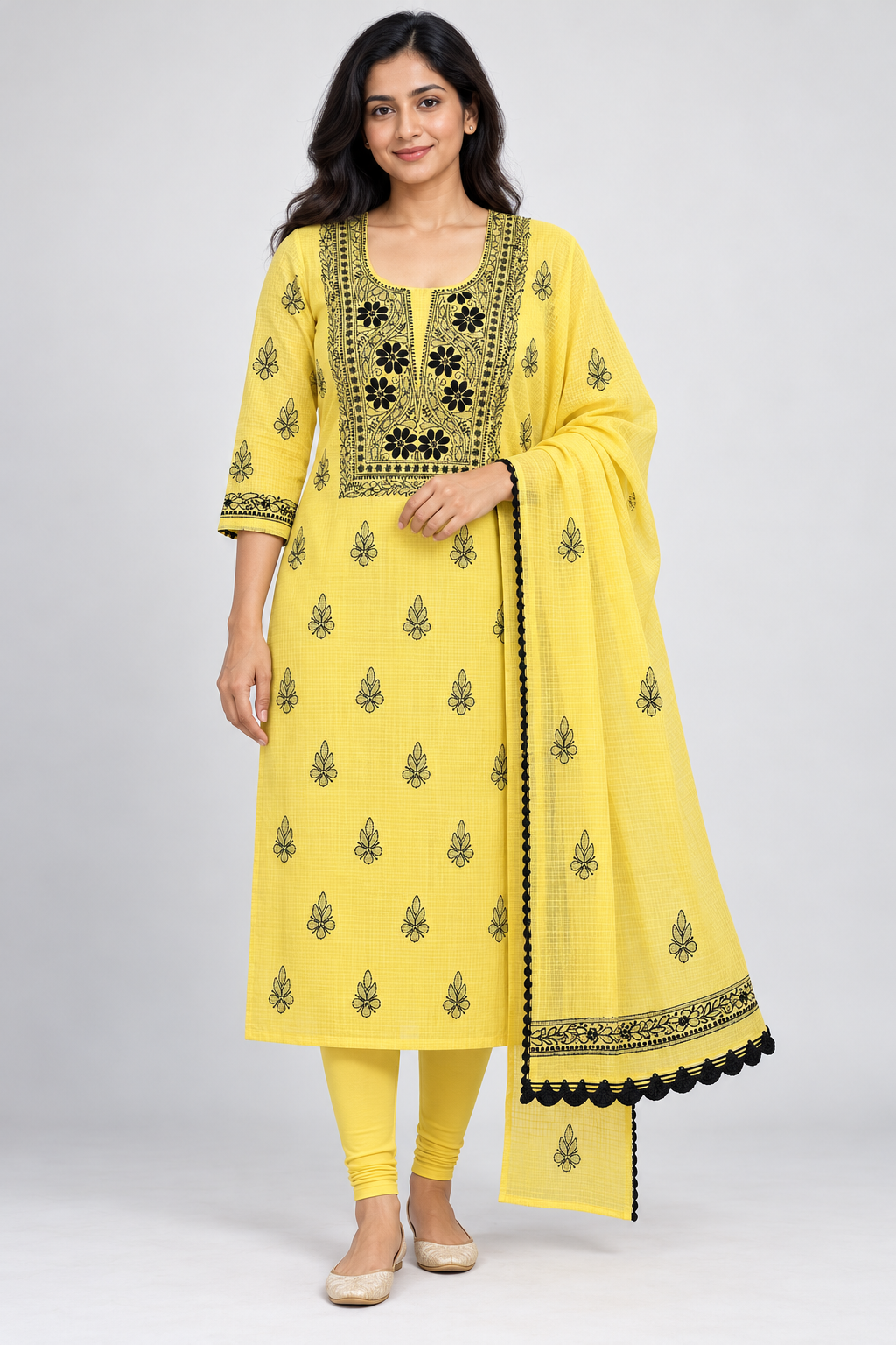 Women's Yellow Kota Cotton Unstitched 2 Piece Suit Dress Material with Dupatta | Lucknowi Chikankari Hand Embroidery, Glass Gala Neck Work, Front Back Motifs | Pooja Wedding Festive