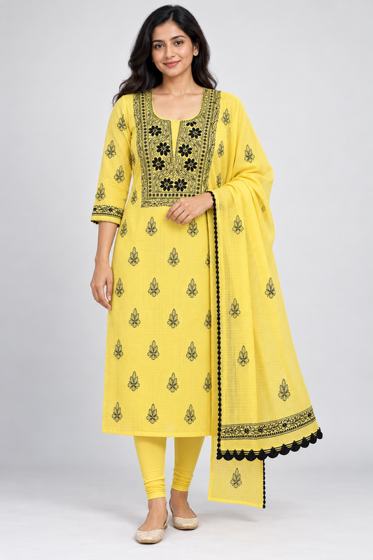 Women's Yellow Kota Cotton Unstitched 2 Piece Suit Dress Material with Dupatta | Lucknowi Chikankari Hand Embroidery, Glass Gala Neck Work, Front Back Motifs | Pooja Wedding Festive