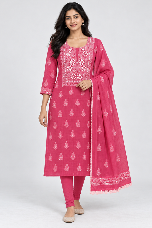 Women's Pink Kota Cotton Unstitched 2 Piece Suit Dress Material with Dupatta | Lucknowi Chikankari Hand Embroidery, Glass Gala Neck Design, All Over Work | Pooja Wedding Festive