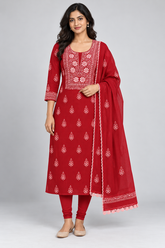 Women's Red Kota Cotton Unstitched 2 Piece Suit Dress Material with Dupatta | Lucknowi Chikankari Hand Embroidery, Glass Gala Neck Design, All Over Work | Pooja Wedding Festive