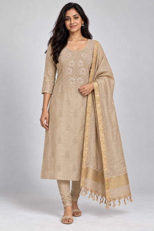 NAZAIRA Women's Tan Silk Chanderi Unstitched 2-Piece Suit (Kurta Fabric & Dupatta) | Hand Embroidered Lucknow Chikankari | Glass Gala Neck Work, All-Over Buti | Wedding & Festive