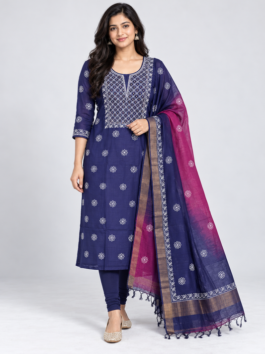 NAZAIRA Women's Navy Blue Silk Chanderi Unstitched Suit Dress Material with Dual Shade Dupatta | 2 Piece Lucknow Chikankari Hand Embroidery | Mukaish Work, Glass Gala Neck Design | Festive & Wedding