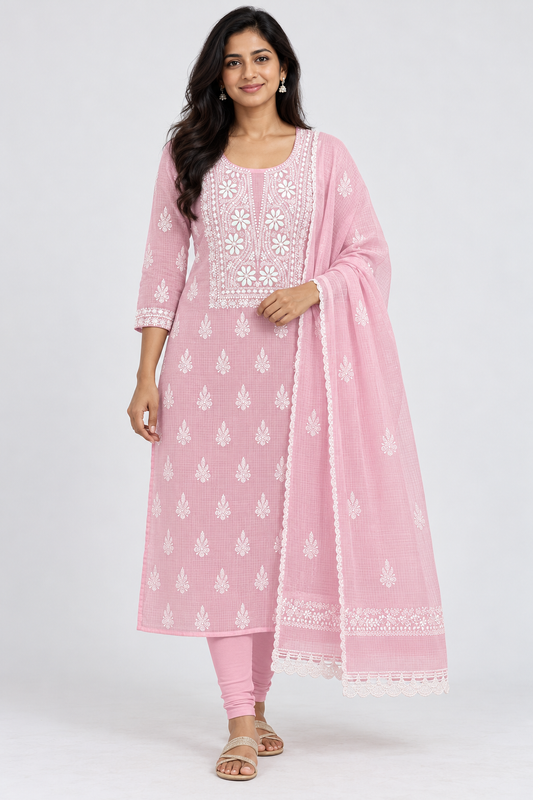 Women's Pink Kota Cotton Unstitched Chikankari Suit Material | 2-Piece Kurta Fabric and Dupatta | Lucknowi Hand Embroidered Dress Material with Glass Gala Neck Work | All-Over Buti Design