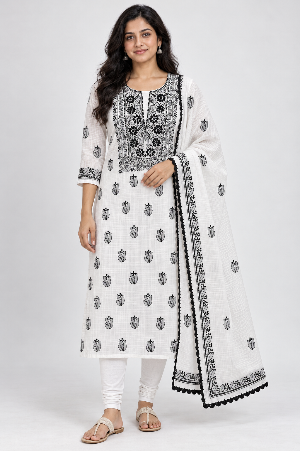 Women's White Kota Cotton Unstitched 2 Piece Suit Dress Material with Dupatta | Lucknowi Chikankari Hand Embroidery | Glass Gala Neck, Heavy Dupatta Work | Pooja Wedding Festive