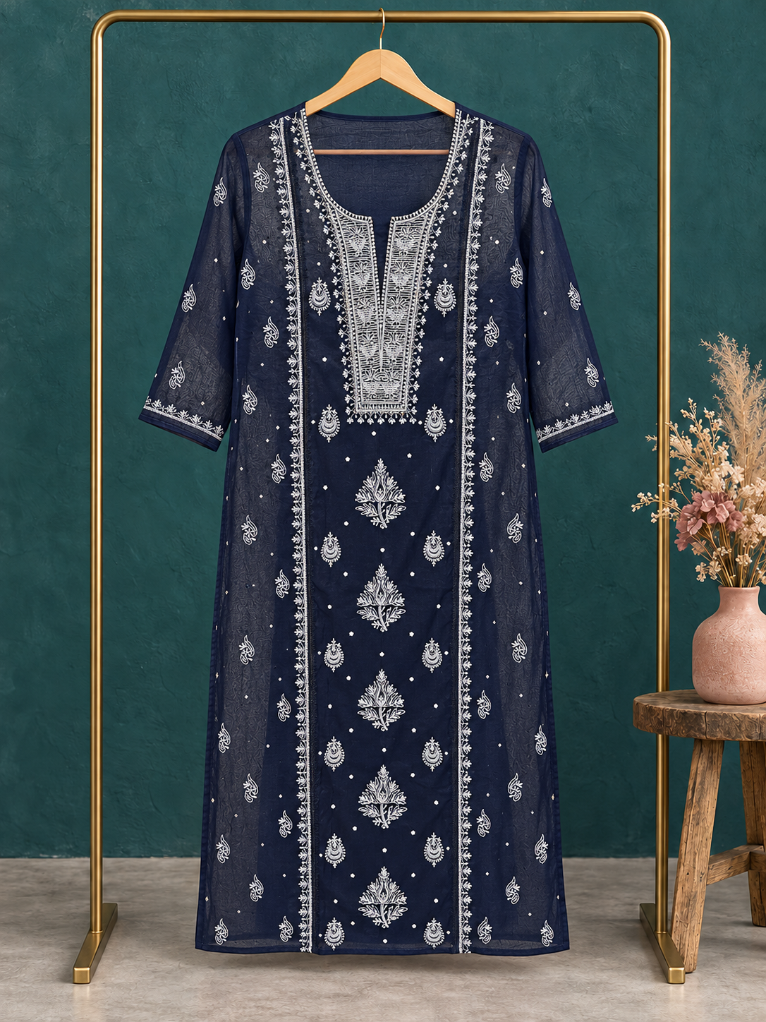 NAZAIRA Women's Navy Blue Mul Chanderi Semi-Stitched Suit with Dupatta | 2 Piece Lucknow Chikankari Hand Embroidered Dress Material | Heavy Gala Pearl Cutdana Work | Wedding, Party, Festive