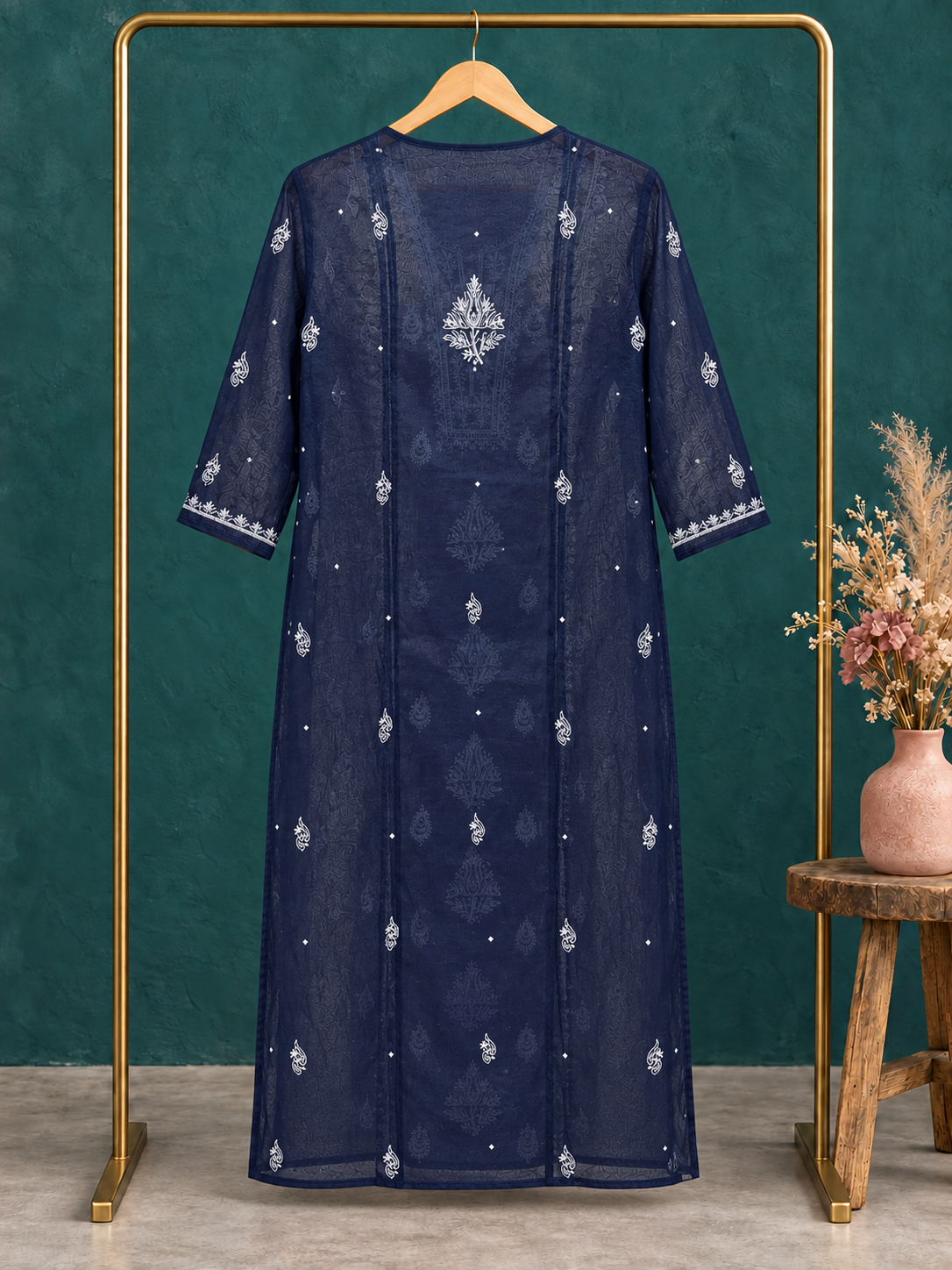 NAZAIRA Women's Navy Blue Mul Chanderi Semi-Stitched Suit with Dupatta | 2 Piece Lucknow Chikankari Hand Embroidered Dress Material | Heavy Gala Pearl Cutdana Work | Wedding, Party, Festive