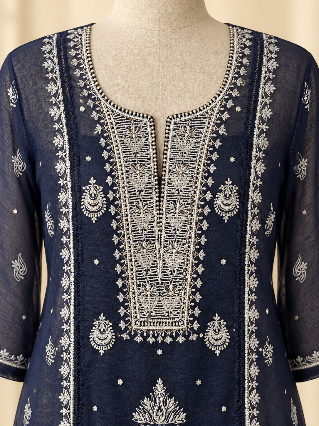 NAZAIRA Women's Navy Blue Mul Chanderi Semi-Stitched Suit with Dupatta | 2 Piece Lucknow Chikankari Hand Embroidered Dress Material | Heavy Gala Pearl Cutdana Work | Wedding, Party, Festive