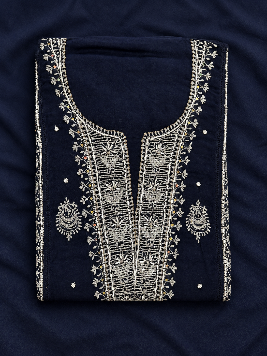 NAZAIRA Women's Navy Blue Mul Chanderi Semi-Stitched Suit with Dupatta | 2 Piece Lucknow Chikankari Hand Embroidered Dress Material | Heavy Gala Pearl Cutdana Work | Wedding, Party, Festive