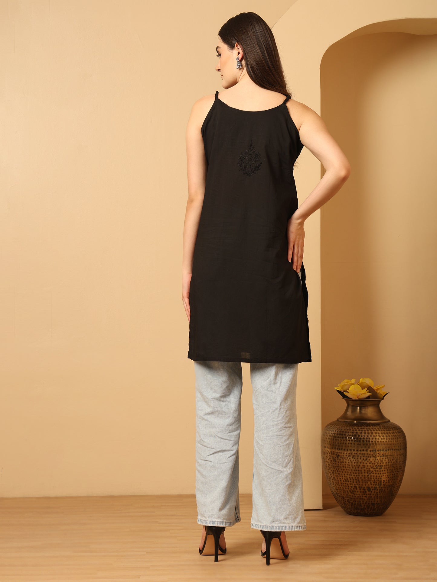 Black Cotton Lucknowi Chikankari Sleeveless Short Kurti for Women with Hand Embroidery – Lightweight Ethnic Wear Top