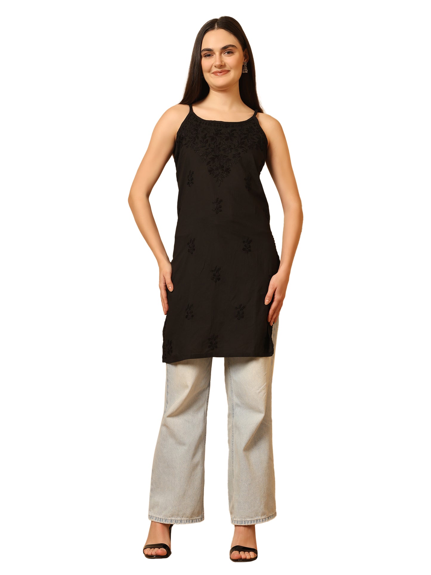 Black Cotton Lucknowi Chikankari Sleeveless Short Kurti for Women with Hand Embroidery – Lightweight Ethnic Wear Top