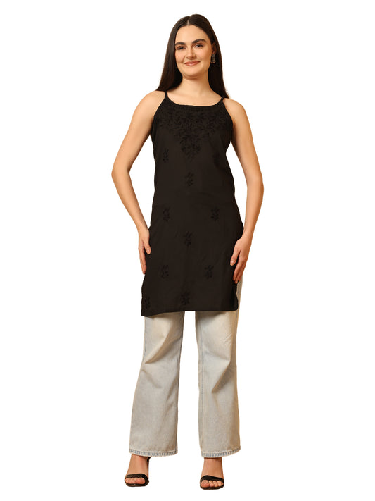 Black Cotton Lucknowi Chikankari Sleeveless Short Kurti for Women with Hand Embroidery – Lightweight Ethnic Wear Top