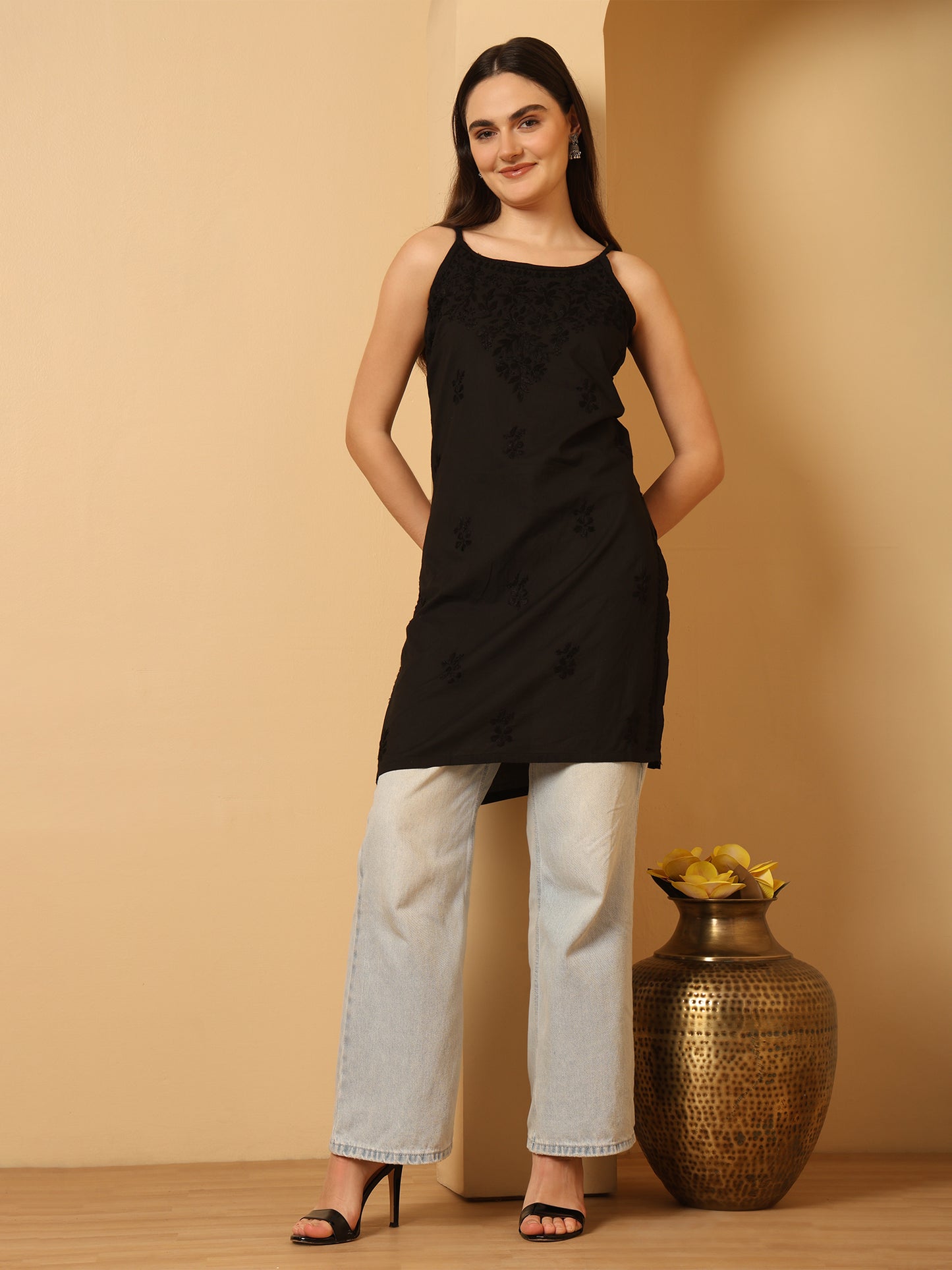 Black Cotton Lucknowi Chikankari Sleeveless Short Kurti for Women with Hand Embroidery – Lightweight Ethnic Wear Top