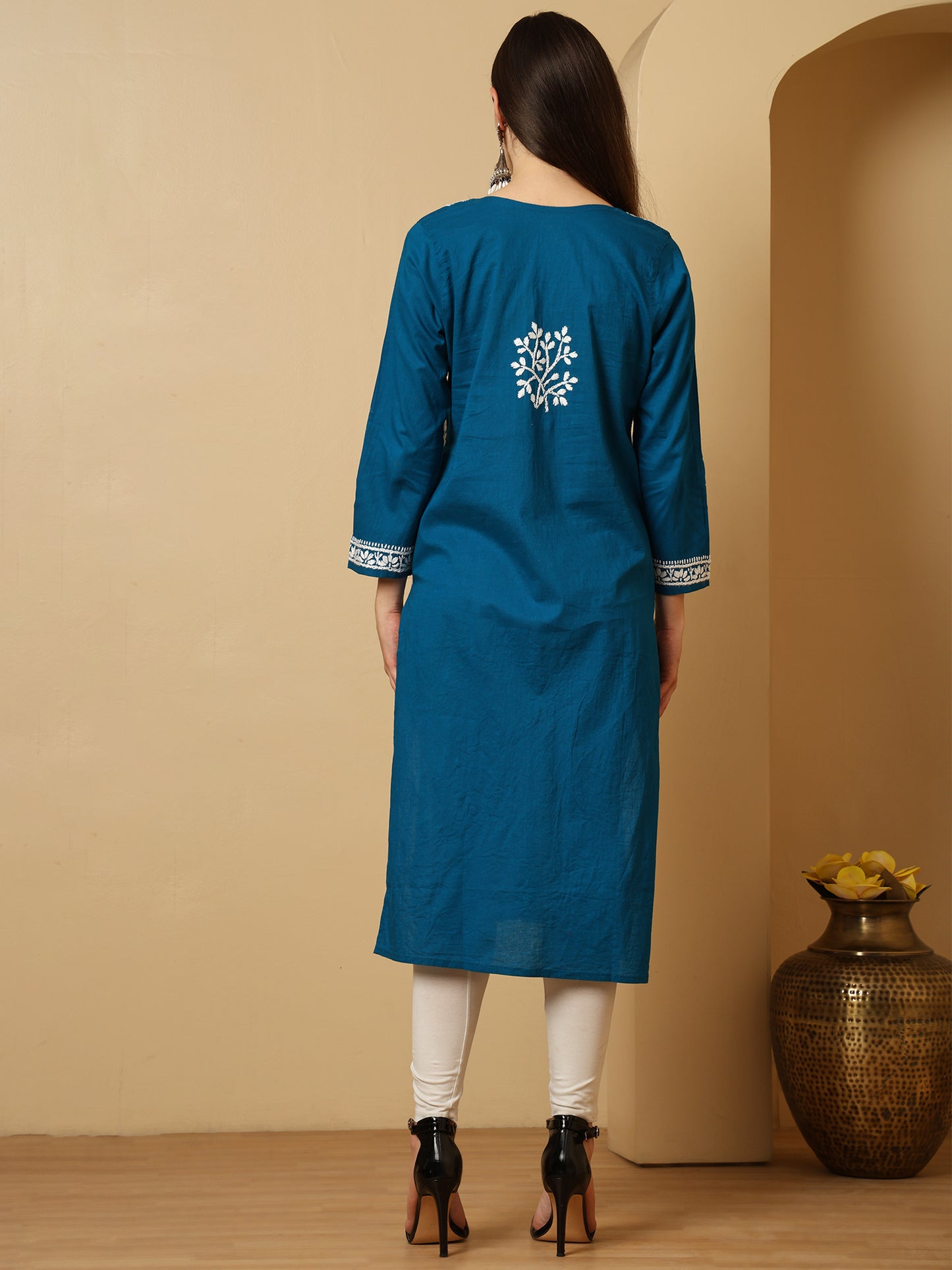 Blue Cotton Lucknowi Chikankari Long Kurta for Women with Hand Embroidery – Ethnic Wear Kurti