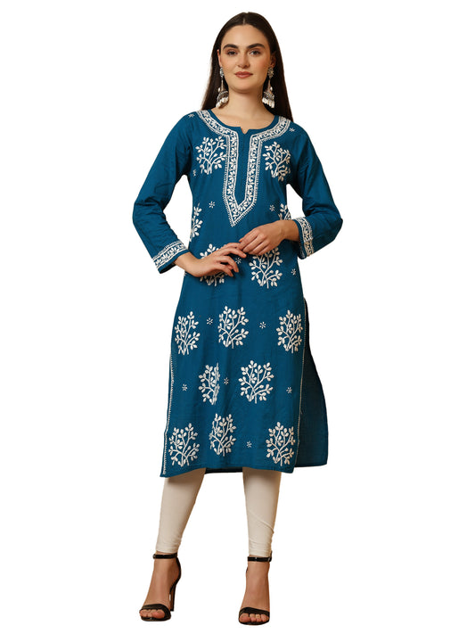 Blue Cotton Lucknowi Chikankari Long Kurta for Women with Hand Embroidery – Ethnic Wear Kurti