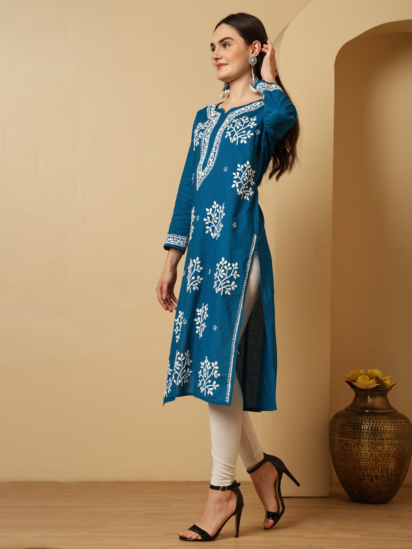 Blue Cotton Lucknowi Chikankari Long Kurta for Women with Hand Embroidery – Ethnic Wear Kurti