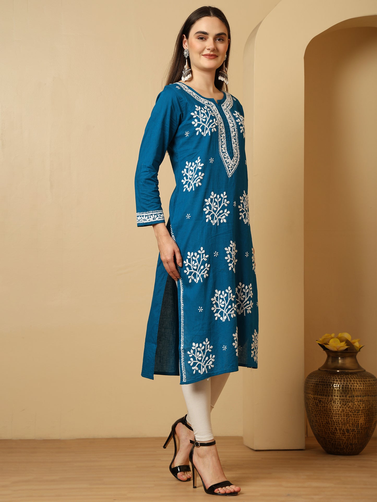 Blue Cotton Lucknowi Chikankari Long Kurta for Women with Hand Embroidery – Ethnic Wear Kurti
