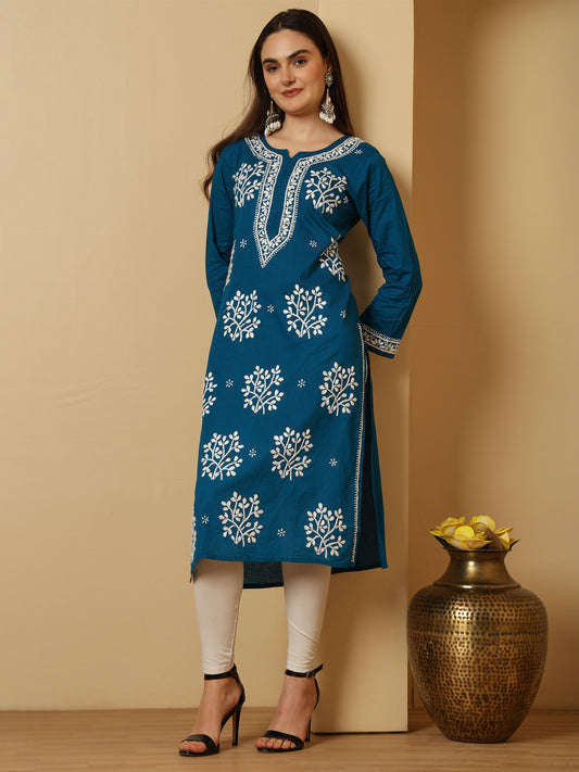 Blue Cotton Lucknowi Chikankari Long Kurta for Women with Hand Embroidery – Ethnic Wear Kurti