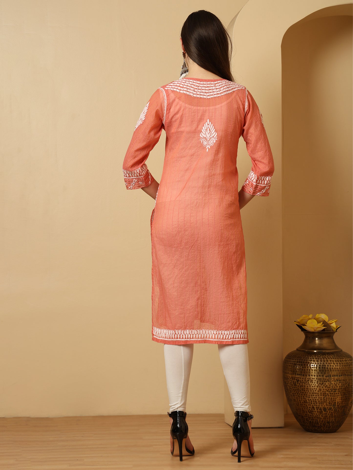 Peach Rusty Rose Mul Chanderi Lucknowi Chikankari Long Kurta for Women with Hand Embroidery – Ethnic Wear Kurti